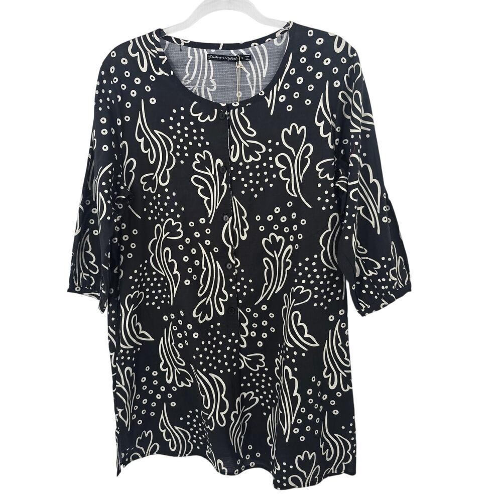 Gudrun Sjoden Irma Organic Cotton Linen Graphic Tunic Top Black White Small